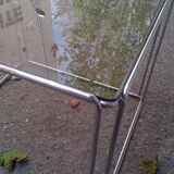 Square coffee table of Max Sauze in chromed structure and glass circa 70
