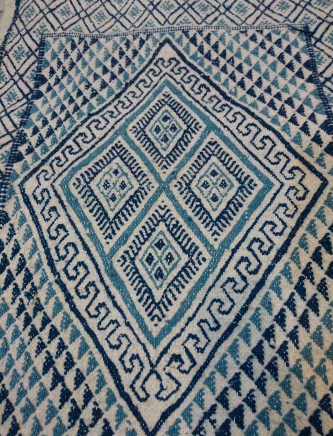Berber carpet white and blue wool handmade