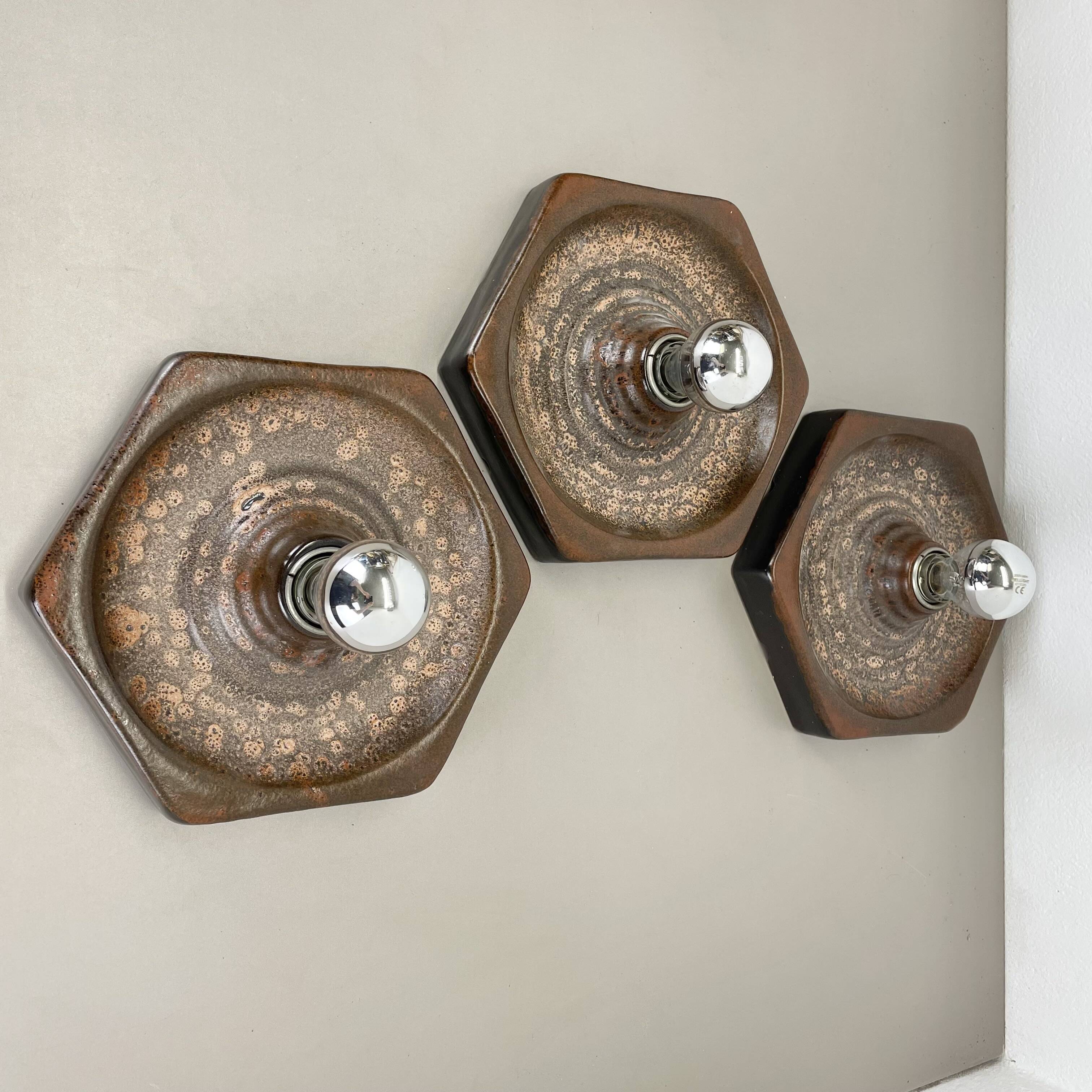 Set of Three brown Ceramic SPUTNIK Wall Lights by Pan Ceramics Germany 197