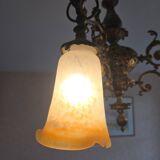 Antique Art Nouveau lustre in gilded bronze with glass pâte de verre tulips signed Muller.