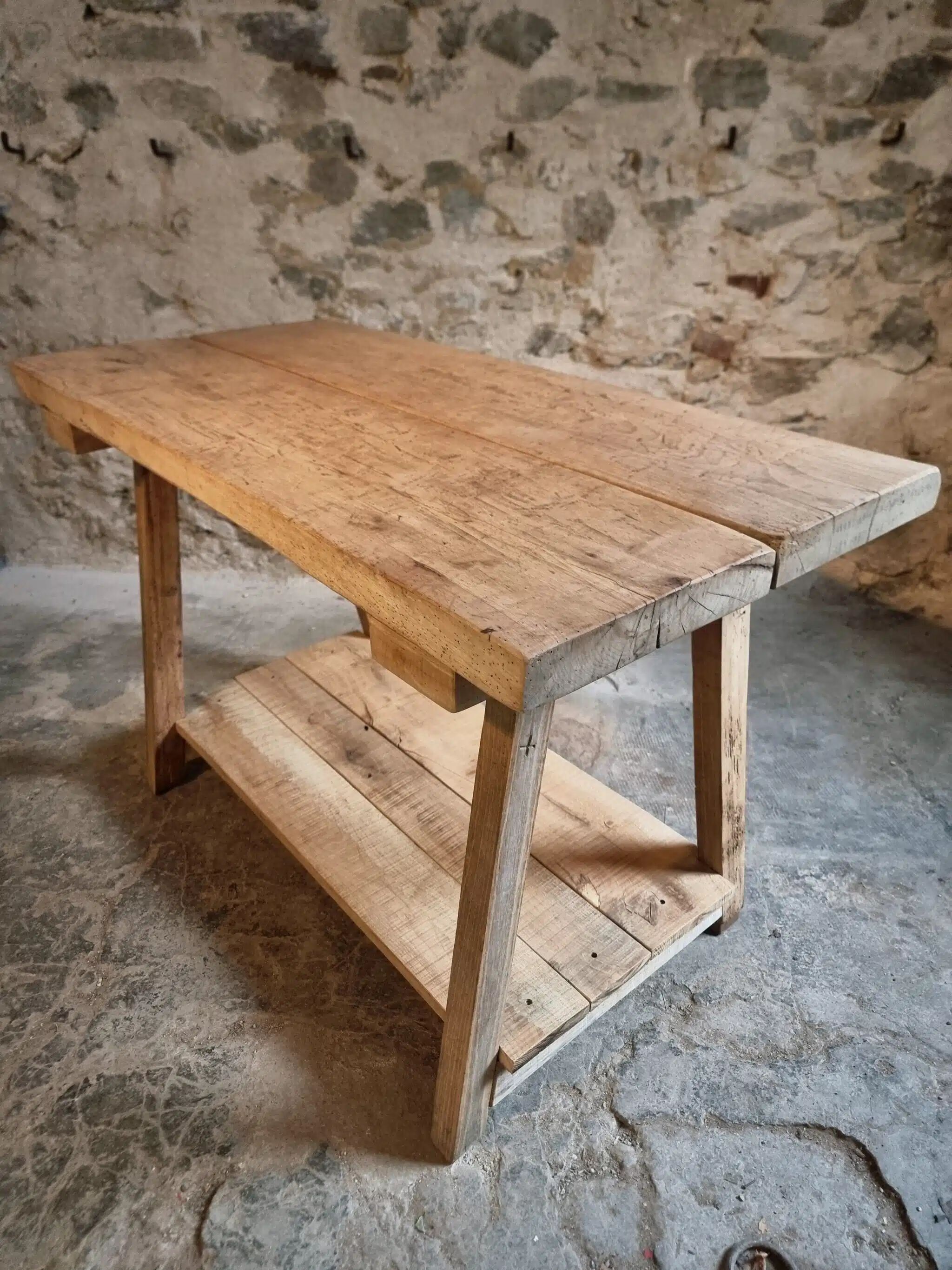 Old French work table / kitchen island / console, beech and chestnut, circa 1930–1950