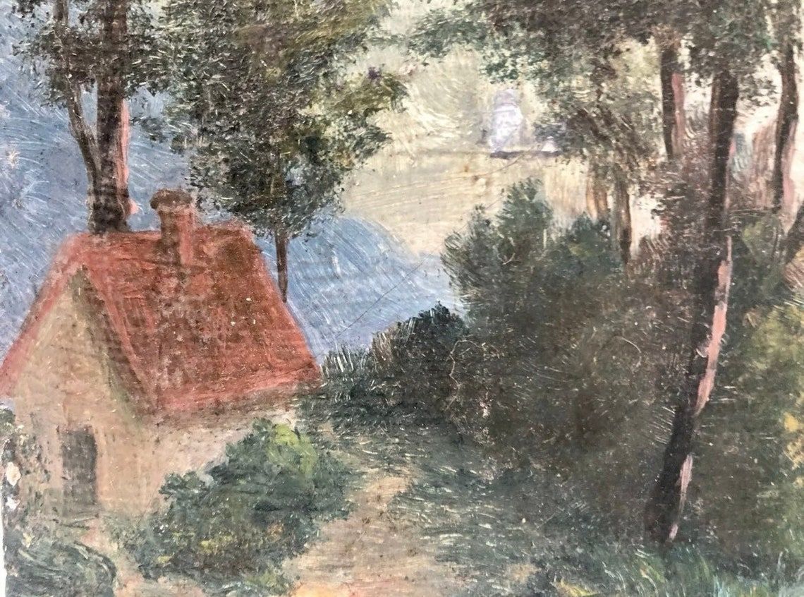 Mid 20th Century French Farmhouse Landscape Oil Painting on Board