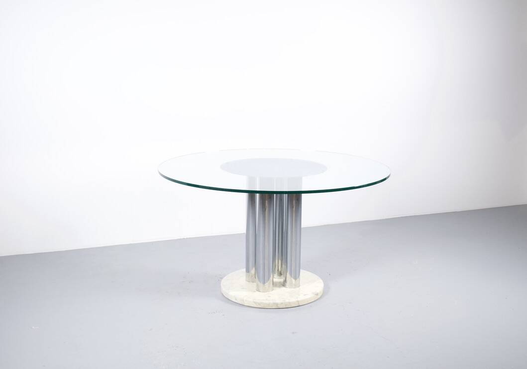 Italian marble dining table, chrome steel and glass, 70s