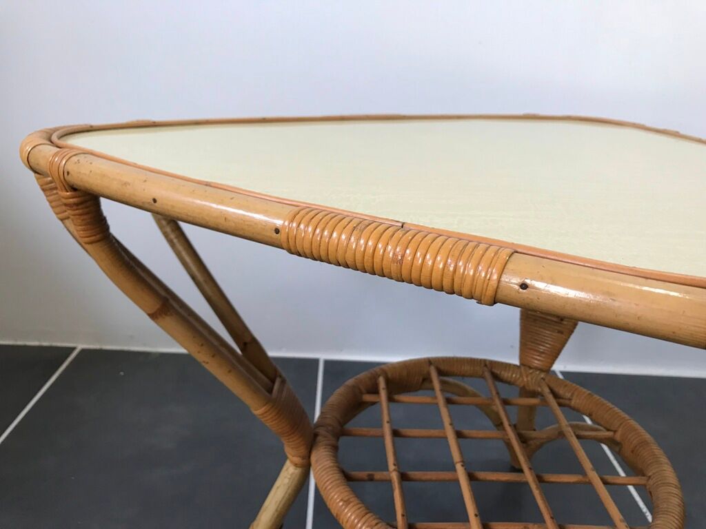 Table basse rotin et formica vintage 1970