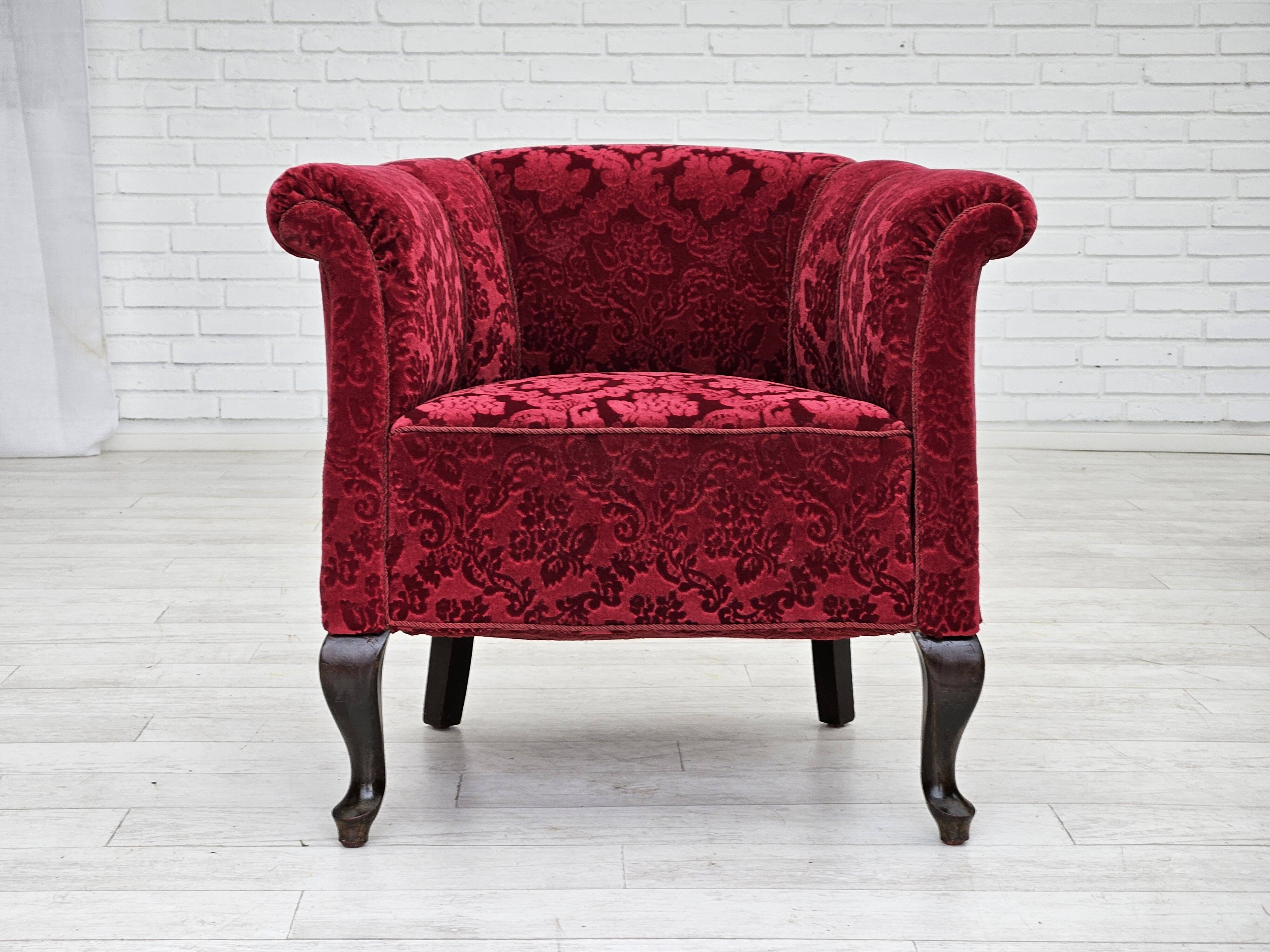 1950s, pair of two Danish lounge chairs, red cotton/wool fabric, beech wood.