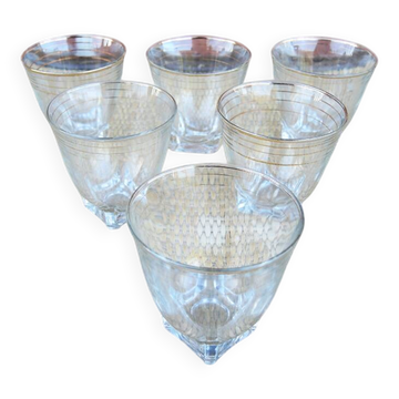 6 anciens verres transparents avec bandes dorées H 8 cm