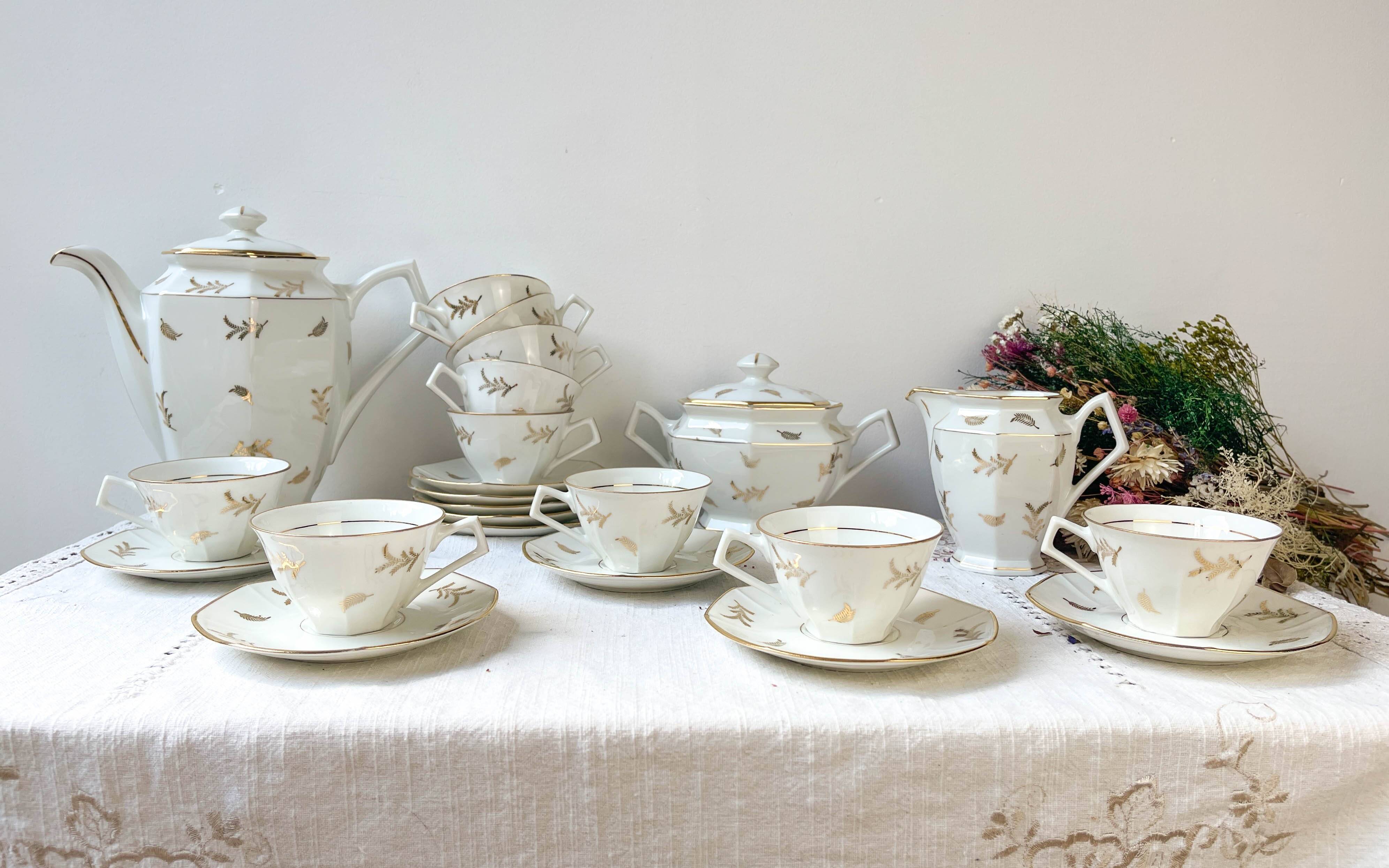 Vintage tea/coffee set in white porcelain with Limoges gold trim