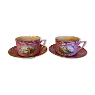 2 cups and vintage pink porcelain saucers for tea or coffee.