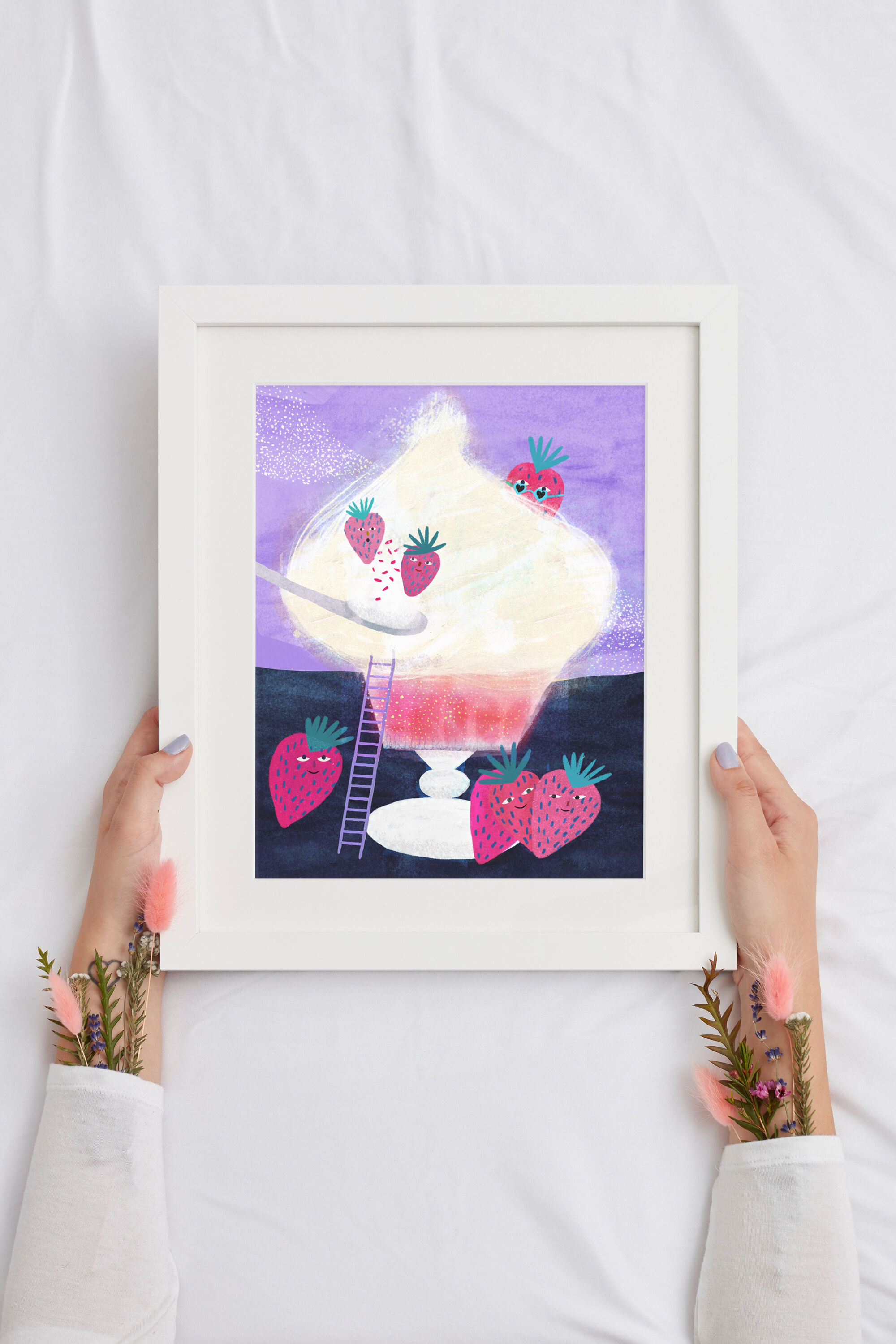 Ice cream cup with strawberries illustration