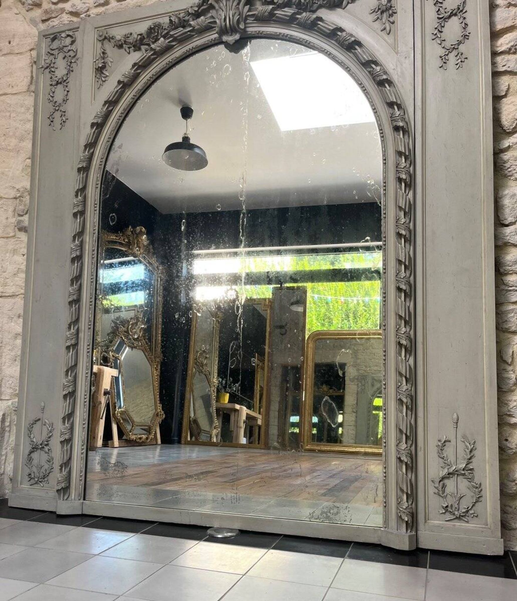 Important Antique Boiserie 176.5cm/158cm 19th Century Fireplace Mirror with Pitted Glass