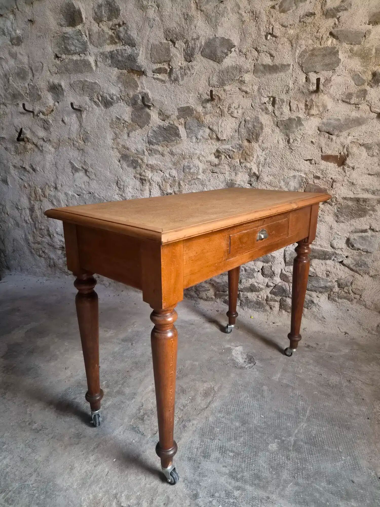Vintage beech desk with a linoleum top and drawer.