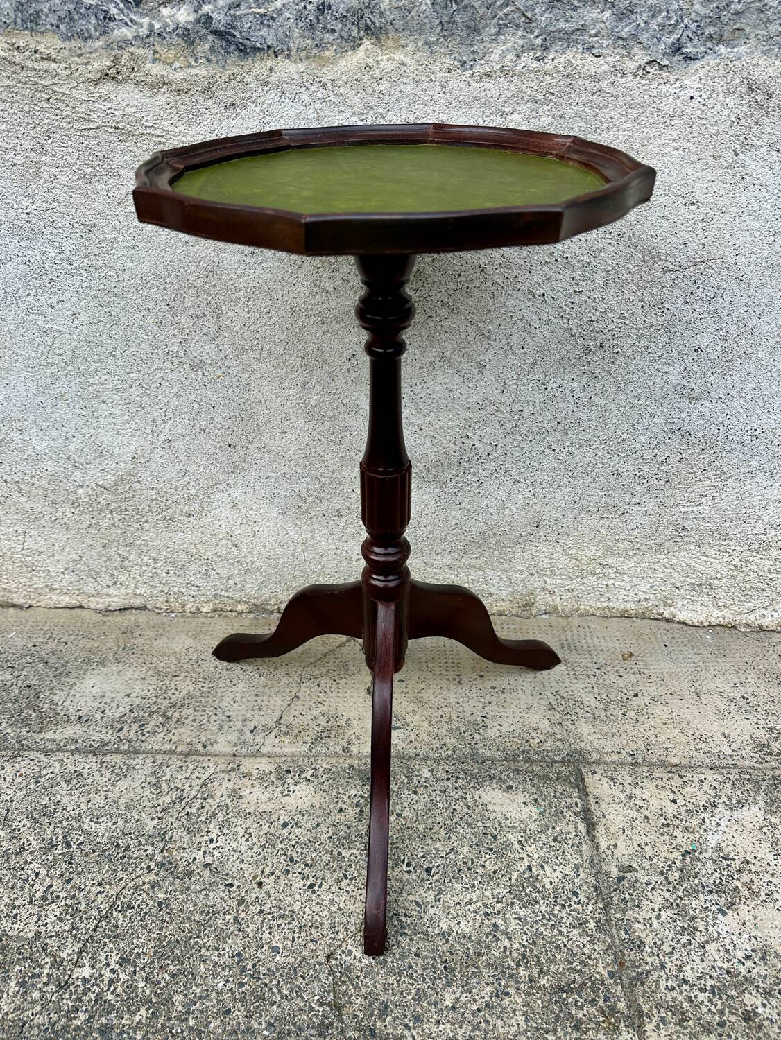 Small antique wooden and leather pedestal table, vintage wine side table