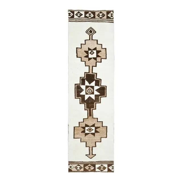 1970s Vintage Turkish Hand-Knotted Wool Cotton Beige Runner Rug 85x310
