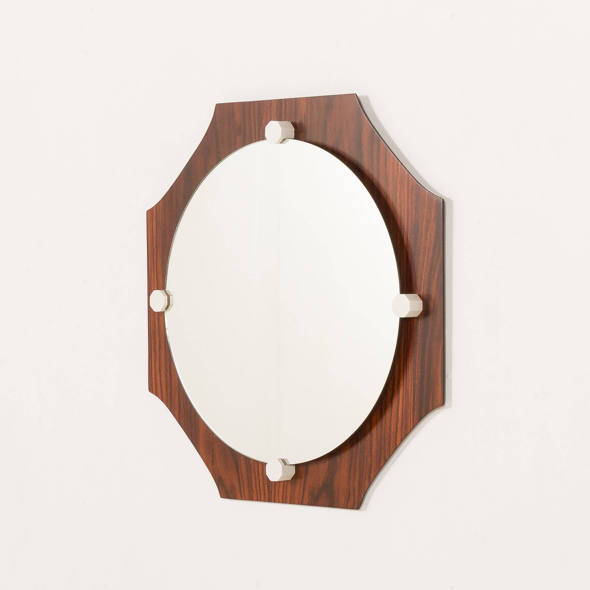 Miroir octogonal en palissandre du milieu du siècle, époque Space Age, Italie années 1970