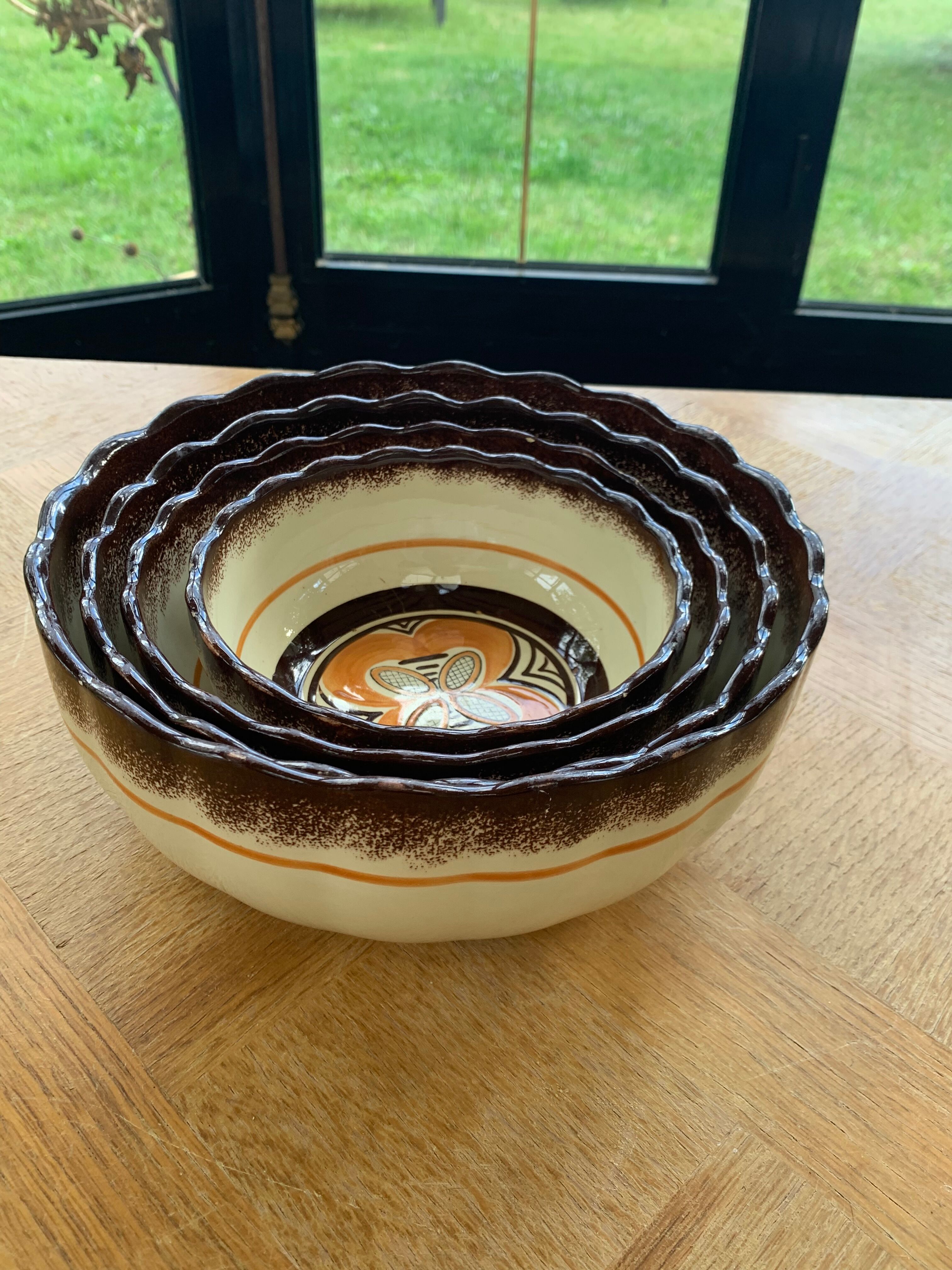 4 nesting salad bowls in enameled ceramic mbfa pont l abbé decorated vintage hand