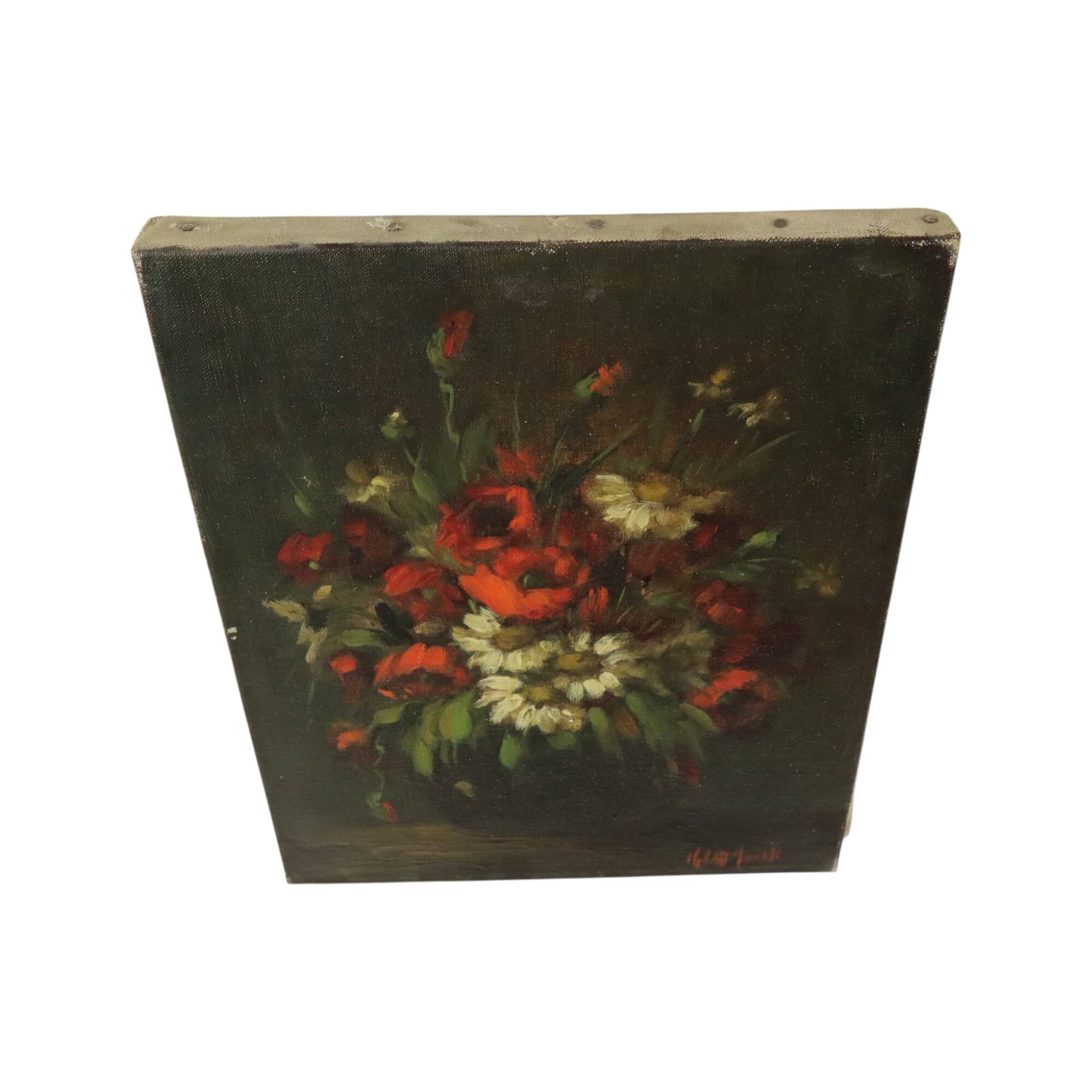 Flowers Still Life Painting Oil on Canvas Amateur Signed