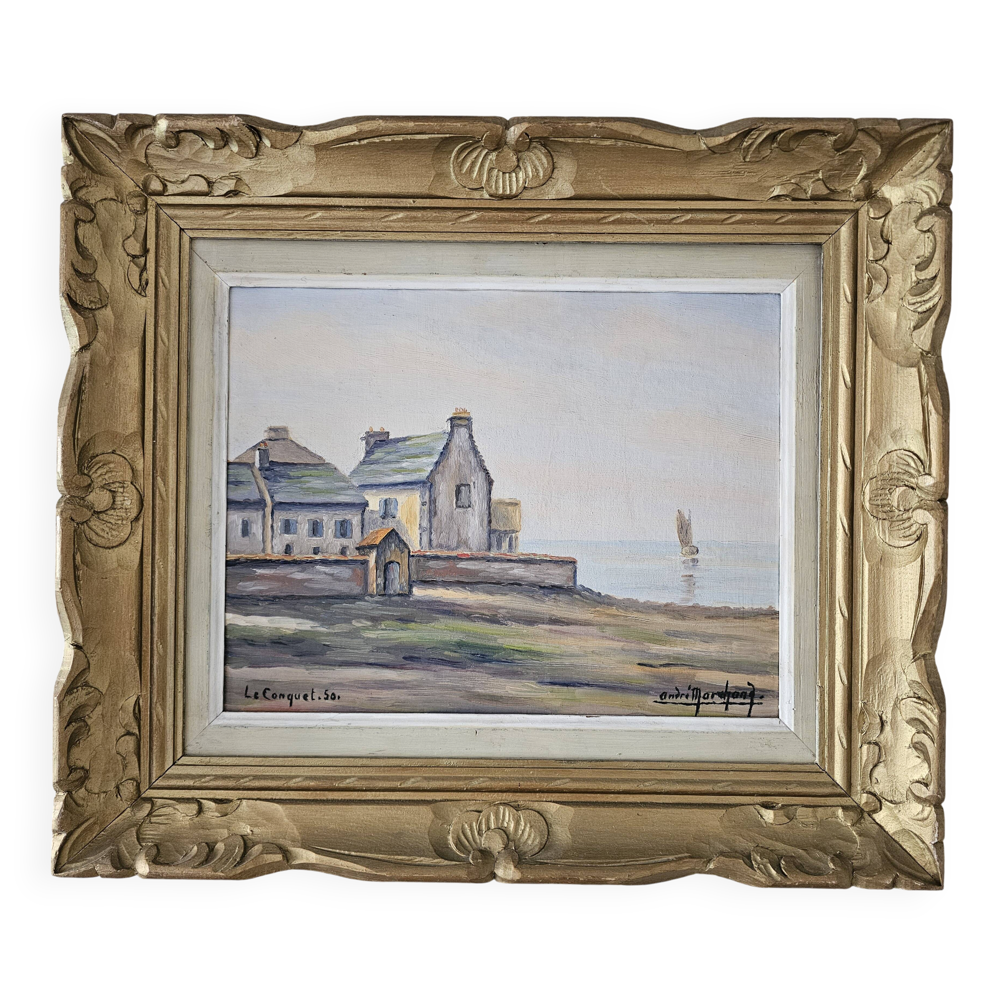 Tableau Huile sur carton Marine Voiliers Le Conquet Signé André Marchand 19