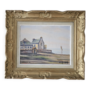 Oil painting on cardboard Marine Sailboats Le Conquet Signed André Marchand 19