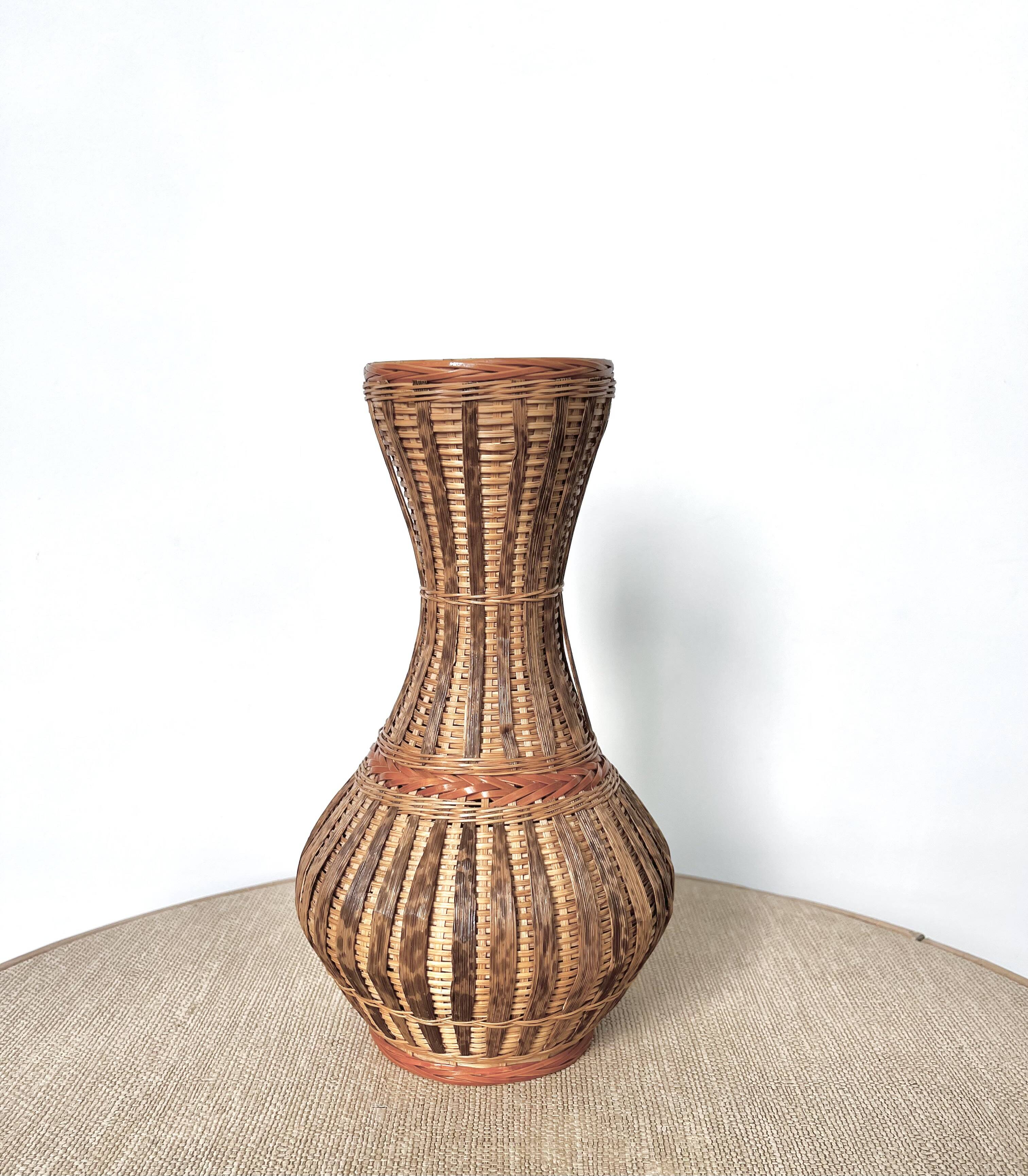 Wicker and woven bamboo vase
