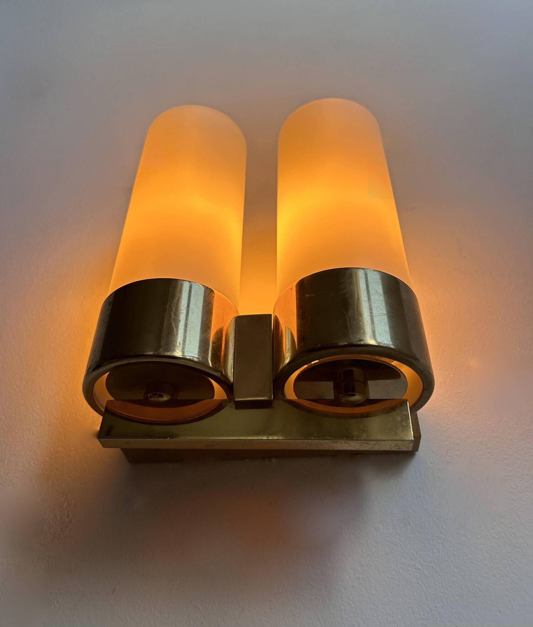 Vintage double wall lamp, brass and opaline, Leuchten Neuhaus Germany 1960