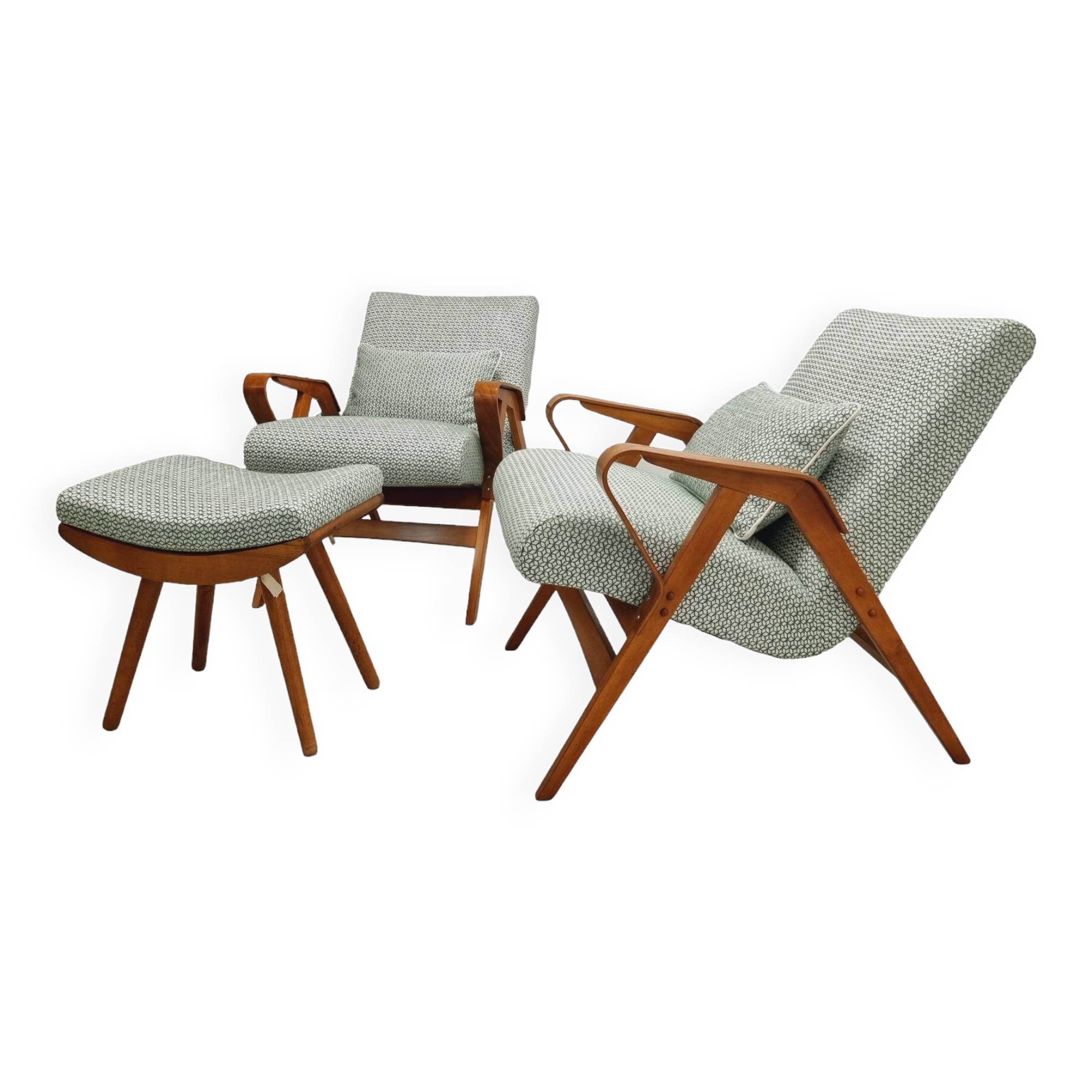 Set of two Mid-century modern Tatra armchairs with footrest, 1950-60's, Czechoslovakia