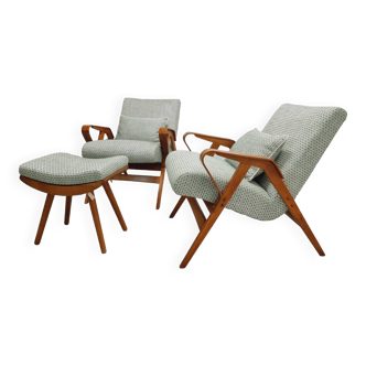 Set of two Mid-century modern Tatra armchairs with footrest, 1950-60's, Czechoslovakia