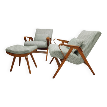 Set of two Mid-century modern Tatra armchairs with footrest, 1950-60's, Czechoslovakia