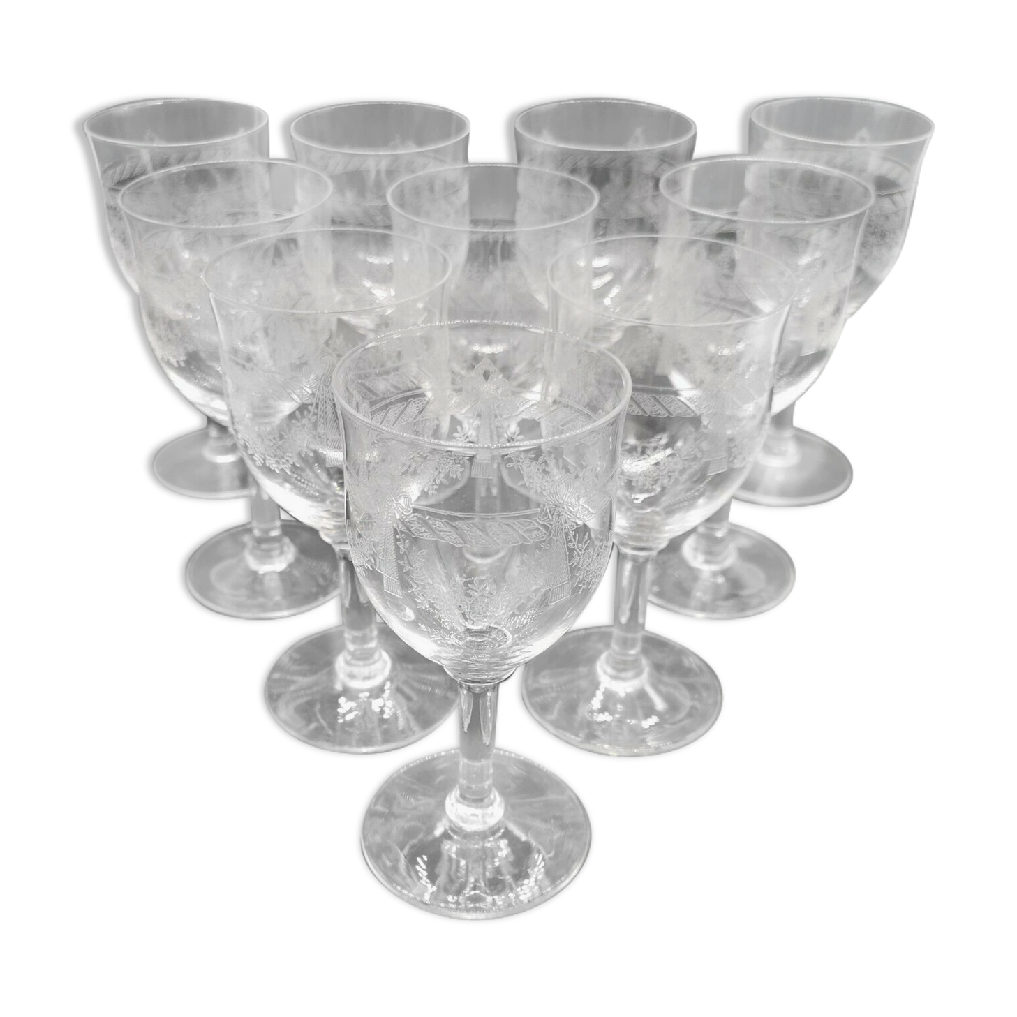 Set of 10 glasses of Saint Louis crystal wine engraved ribbon and flowers