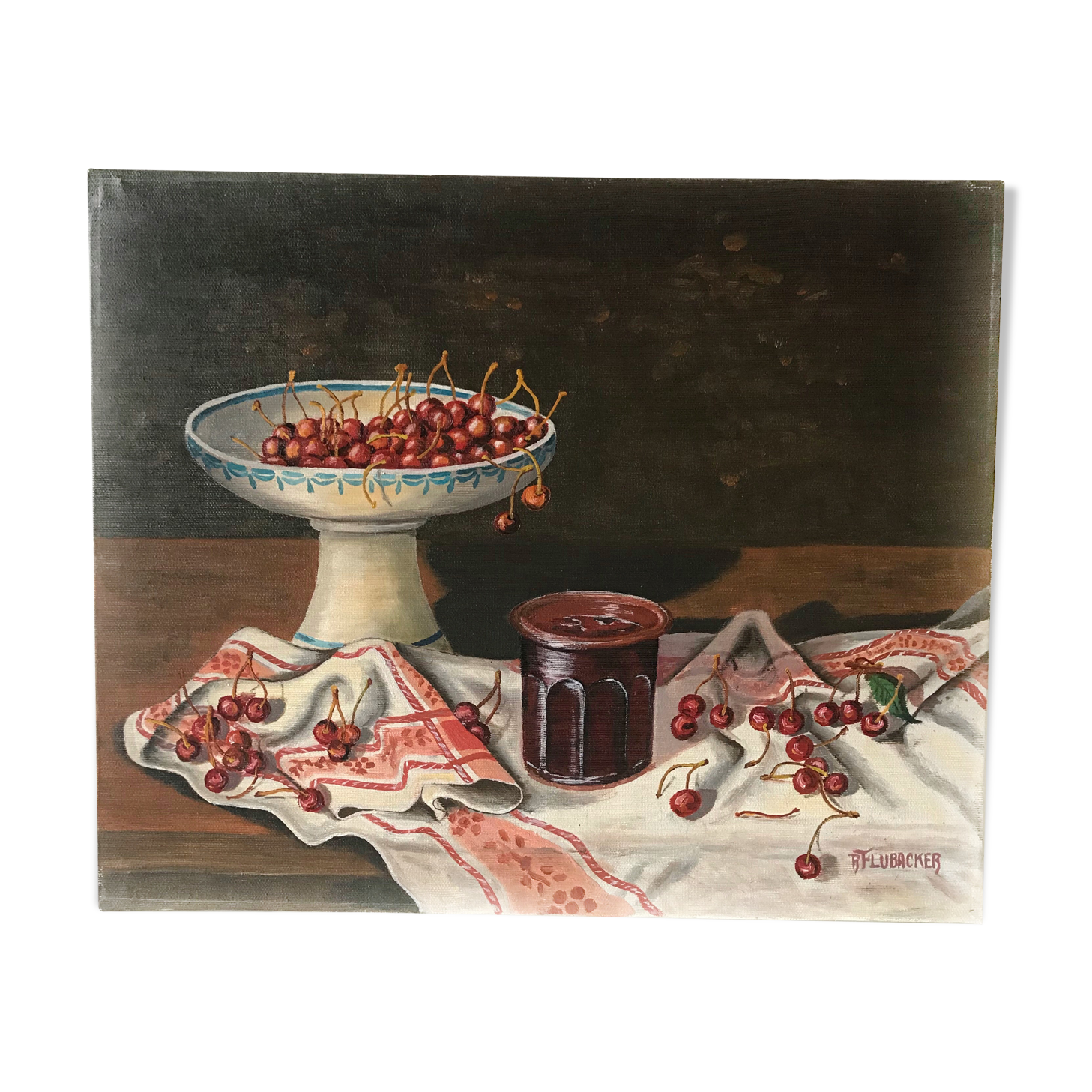 Oil on canvas still life cherries