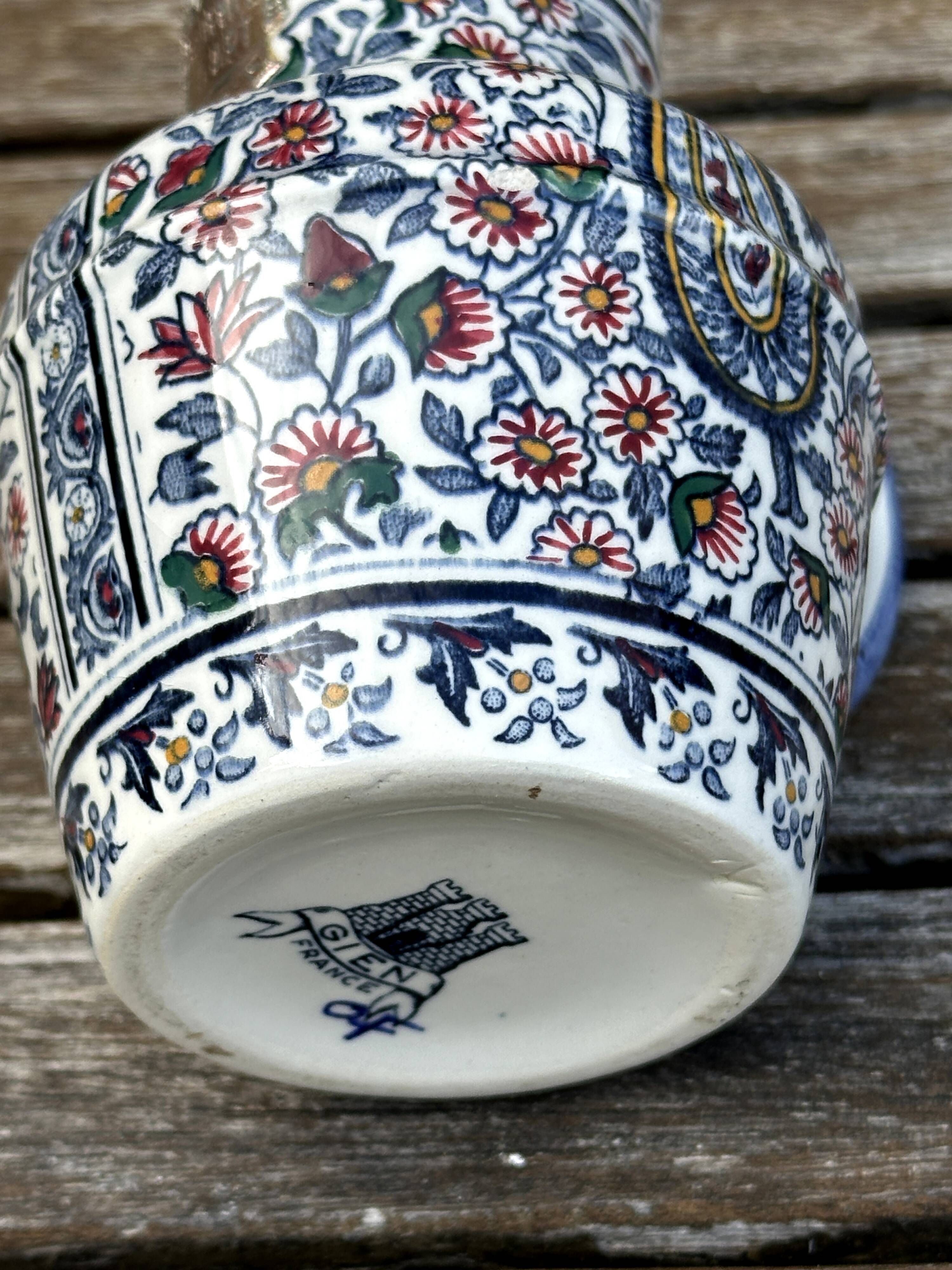 Antique pitcher / milk jug / vase in Gien earthenware with a Kashmir pattern.