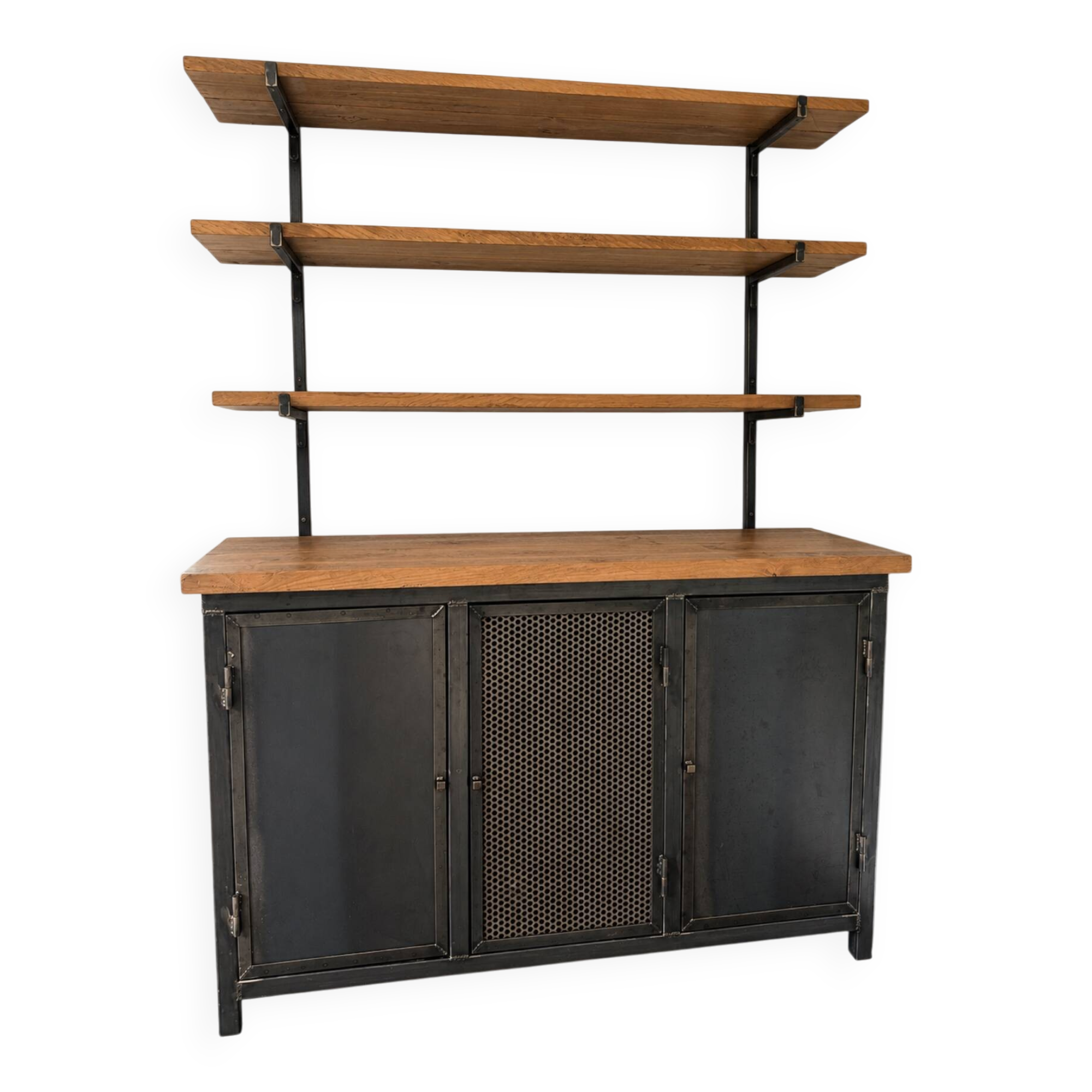 Metal and wood shelves and cupboards.