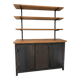 Metal and wood shelves and cupboards.