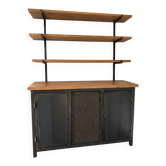 Metal and wood shelves and cupboards.