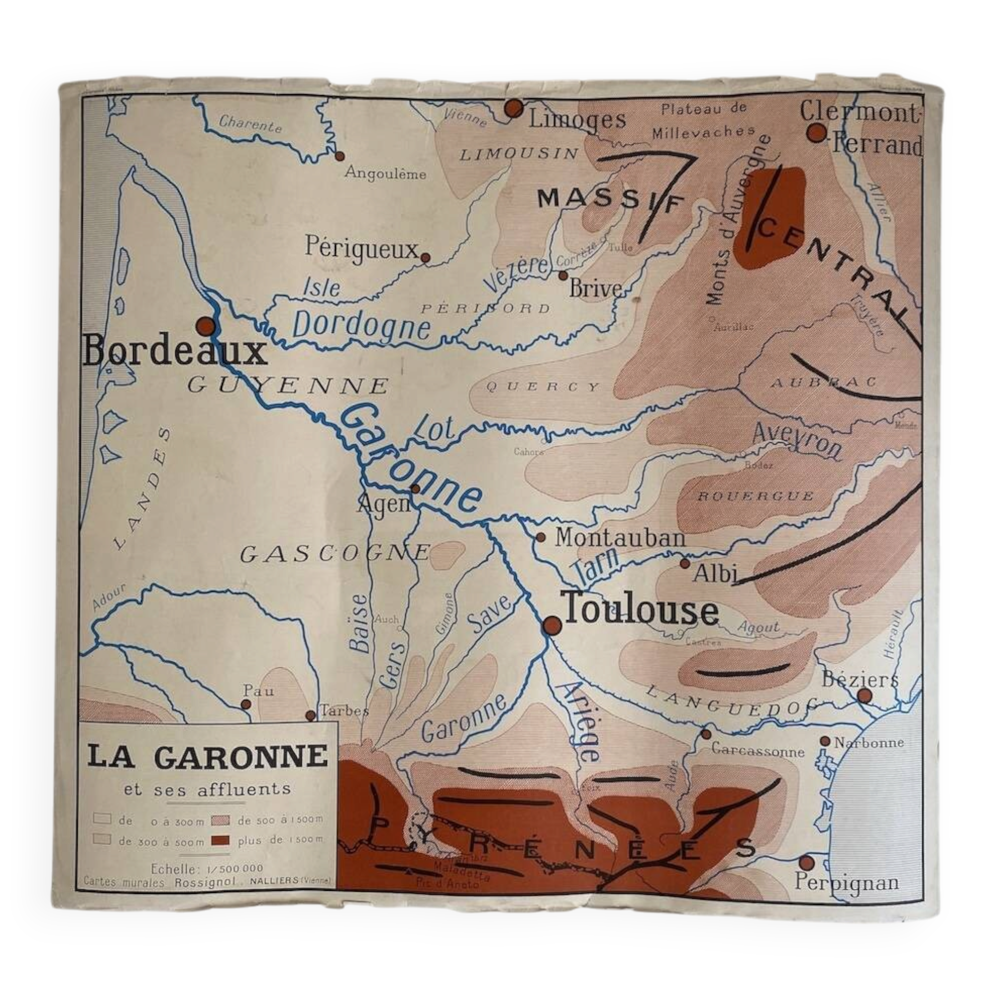 Vintage school map 1950 double-sided "The Garonne / the Rhône"