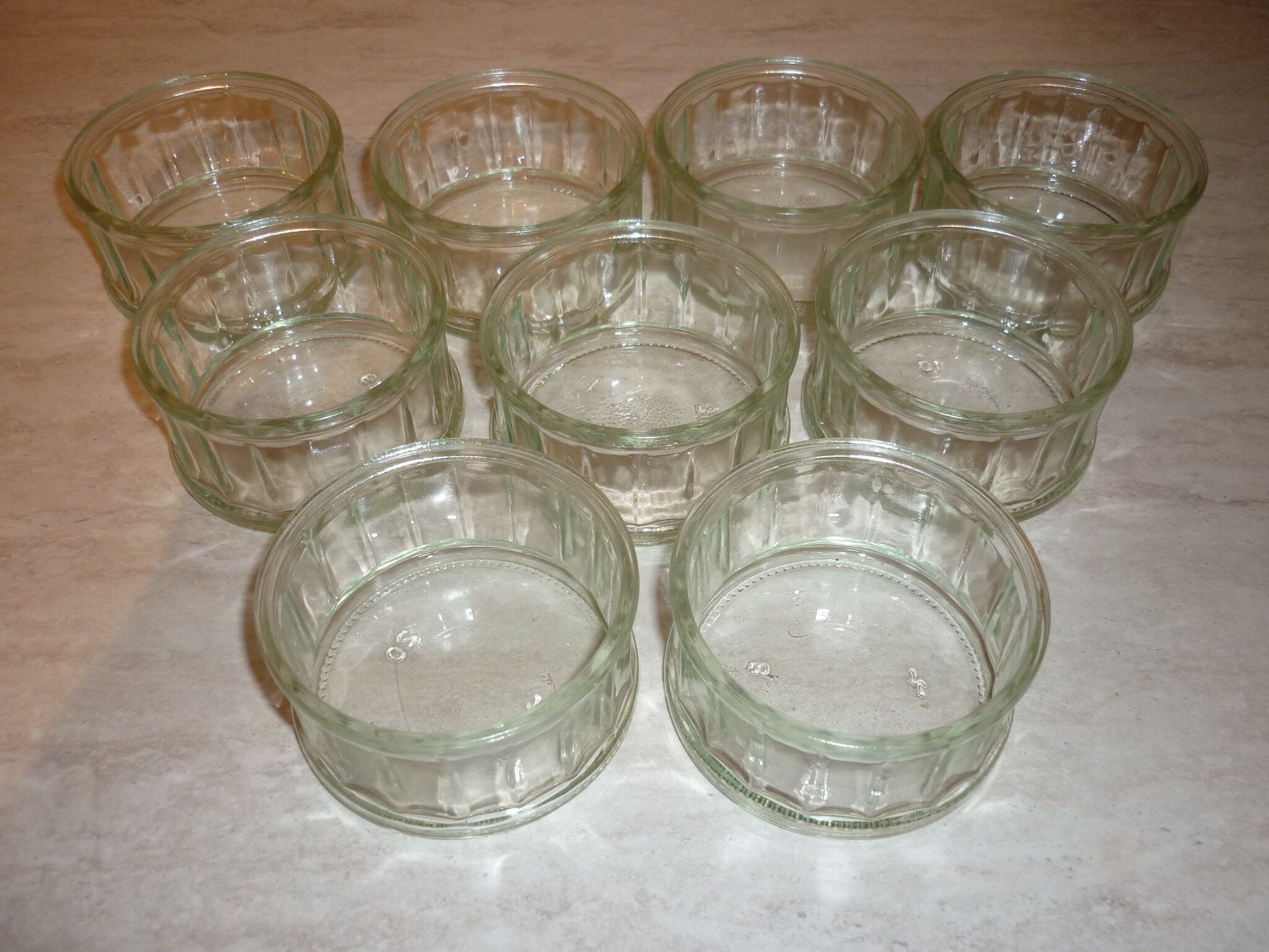 9 ramekins in vintage pressed and molded glass