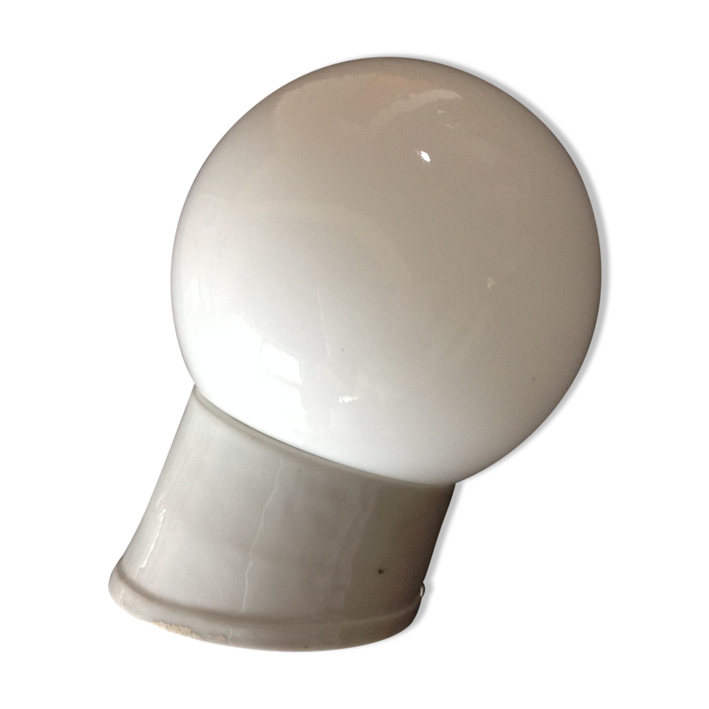 Vintage globe wall lamp in white opaline with white ceramic base