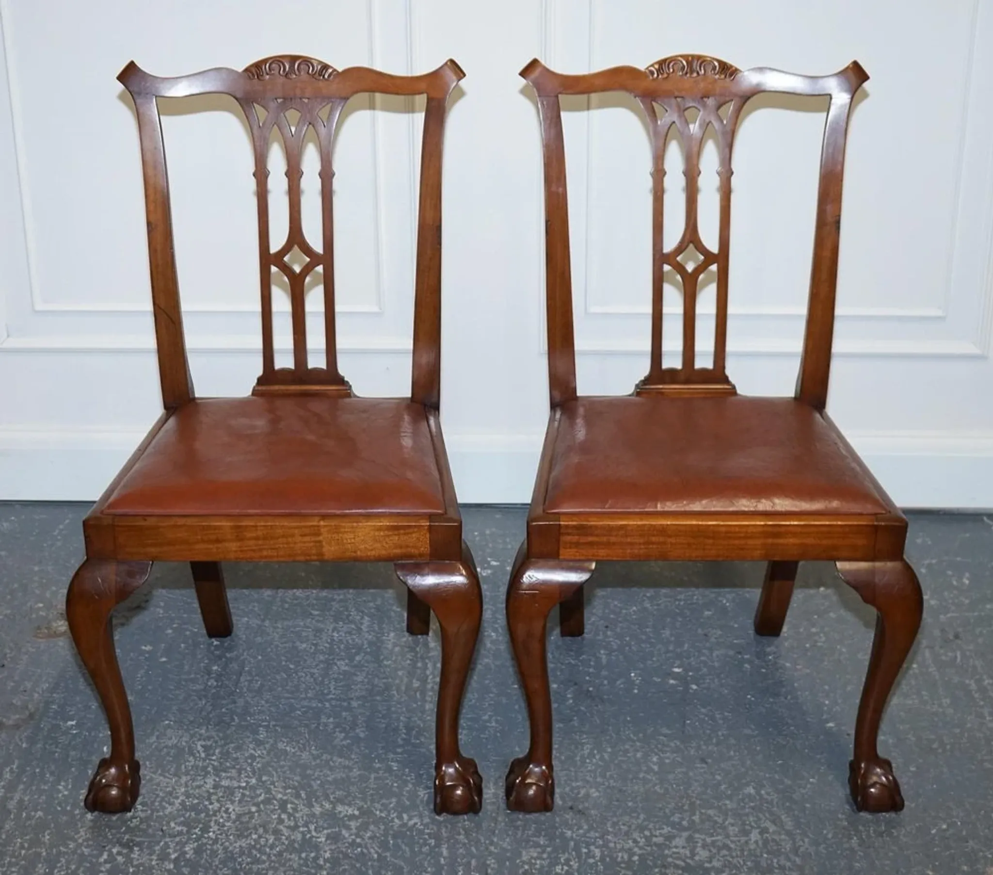 Chippendale Style Dining Chairs with Leather Seats, Set of 5