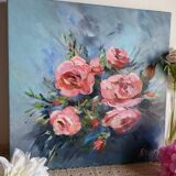 Oil on canvas painting of a bouquet of roses signed Paumier.