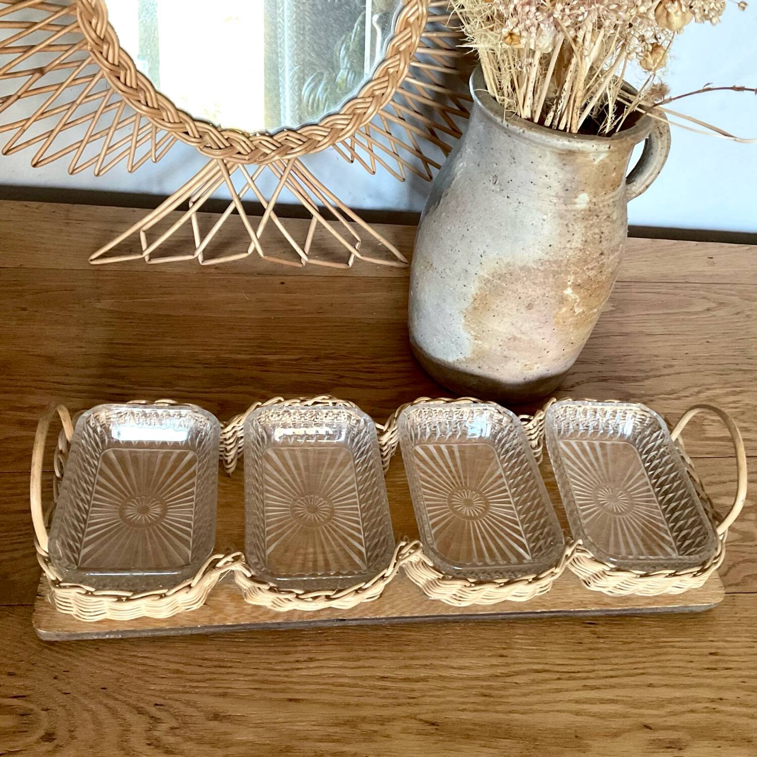 Vintage wicker and wood serving tray