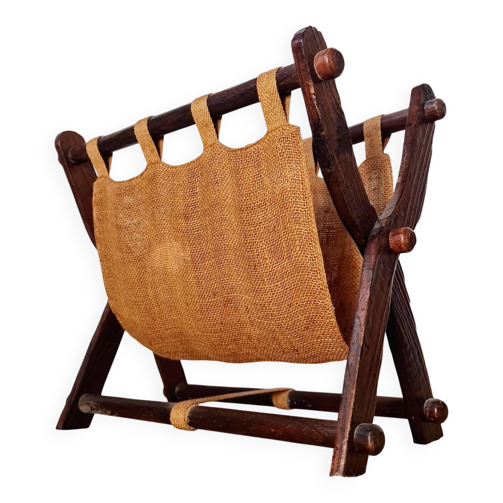 Foldable magazine rack in wood and jute fabric - brutalist