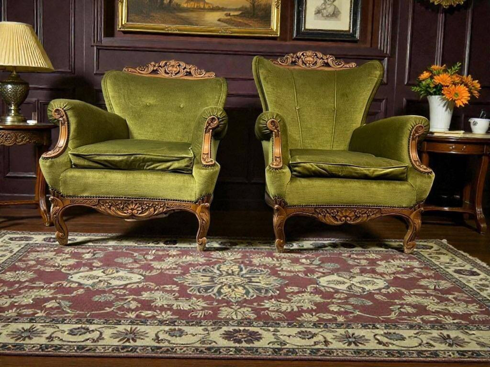 set of 2 vintage green baroque armchairs / armchairs / club chairs