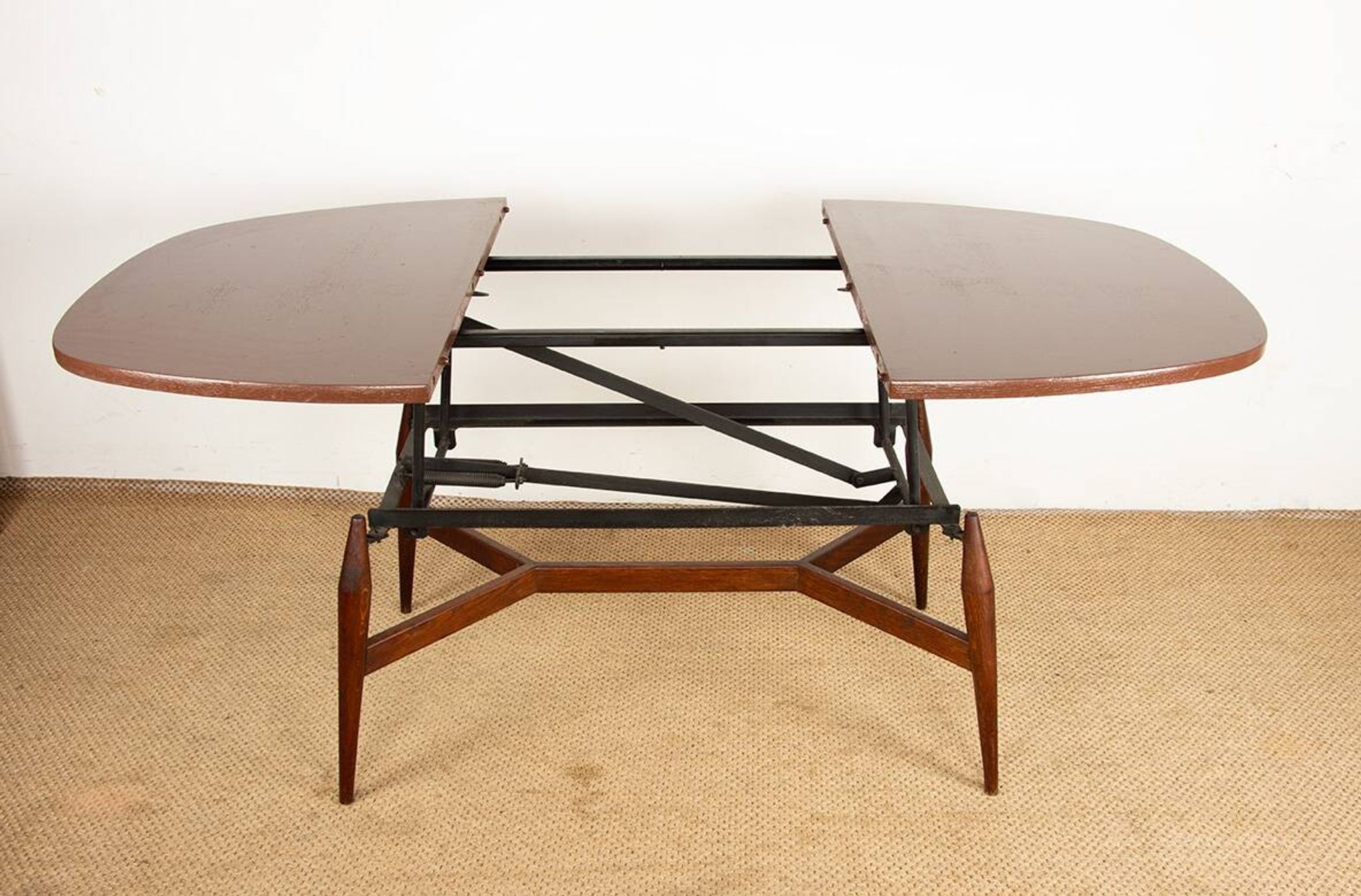 Danish high and low table in teak and brown lacquered wood, Smørrebrø model