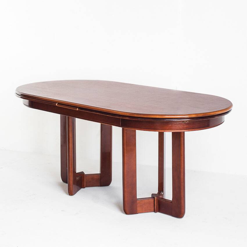 Vintage dining table with two extensions in varnished elm. Spain, 80s.