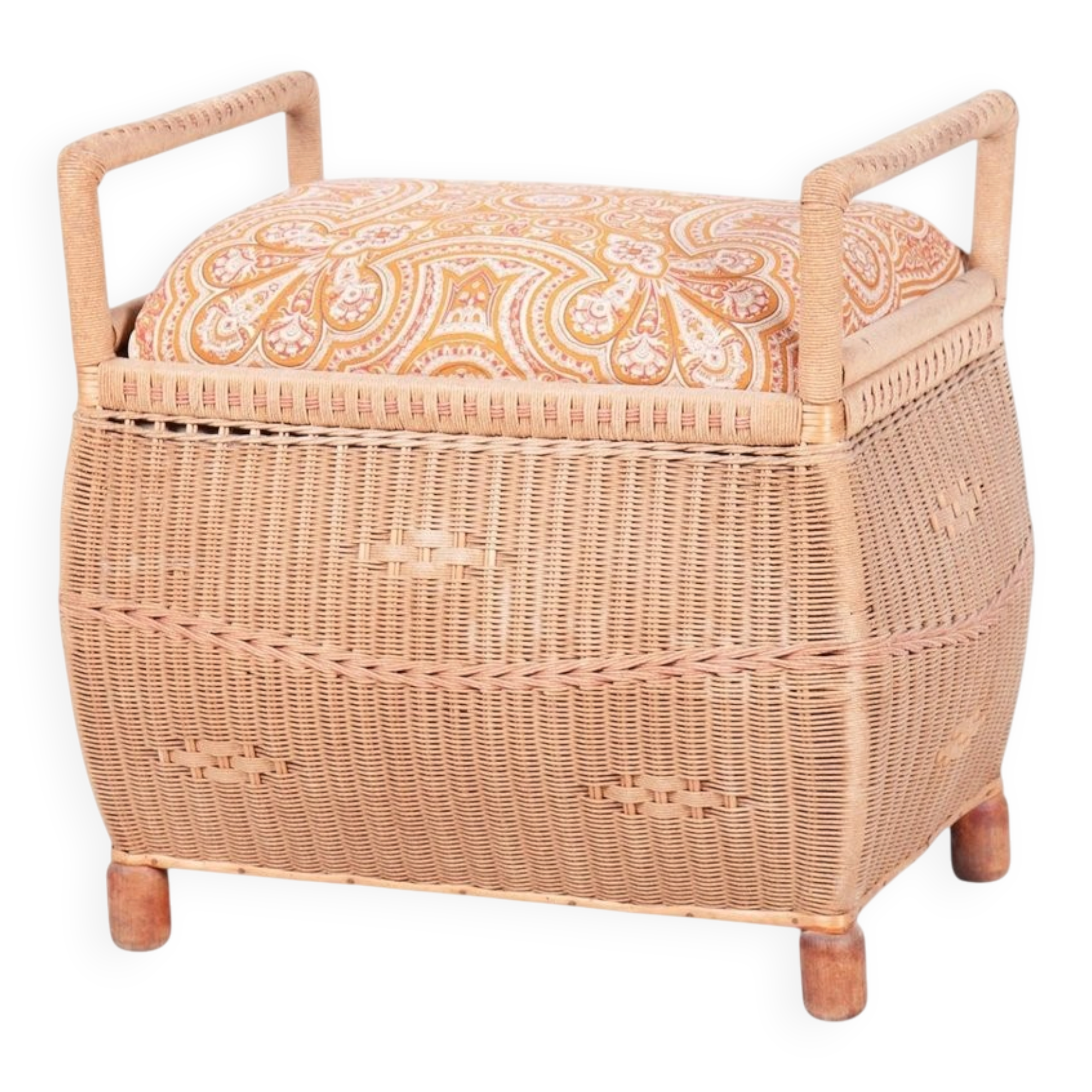 Czech Art Deco Stool in Wood and Hemp, 1940s