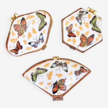 Set of 3 vintage porcelain pill boxes with butterfly decor