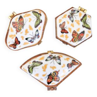 Set of 3 vintage porcelain pill boxes with butterfly decor