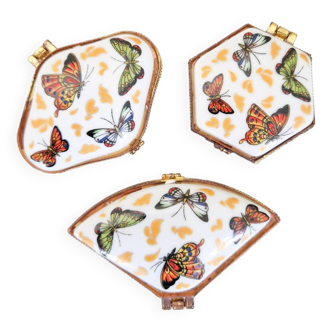 Ensemble de 3 boîtes piluliers vintage en porcelaine décor papillons