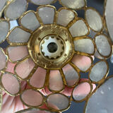 Pair of portable lamps with mother-of-pearl lampshades and brass.