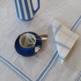 Nappe ancienne lin damassé blanc bleu carreaux et 6 serviettes