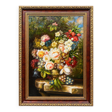 Still life signed with flowers.